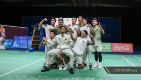 Selebrasi tim bulu tangkis putra Indonesia